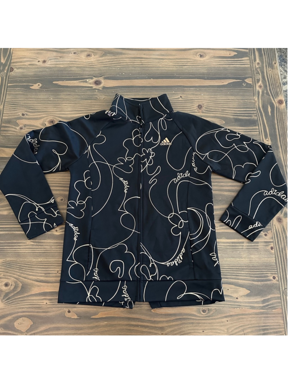 Adidas Girls Floral Track Jacket Black Beige Full Zip Size 14